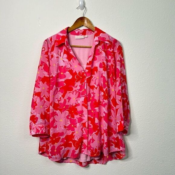 Belle By Kim Gravel Red Pink Abstract Floral Printed V-Neck Blouse Women's Large - Picture 1 of 14